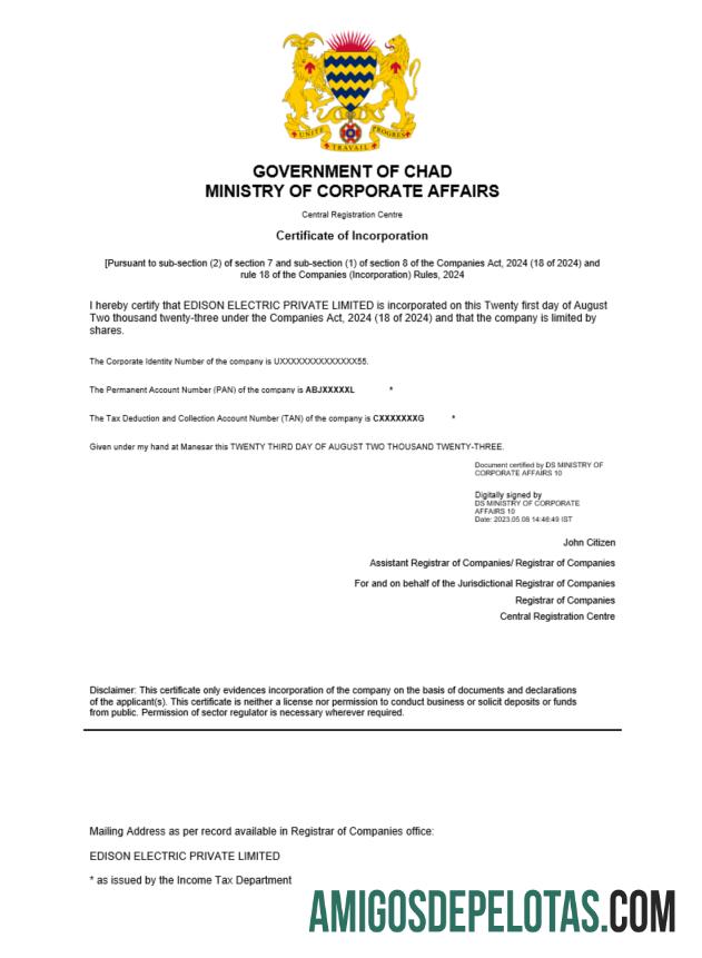 Certificado de registro realista do Chade modelo Word e PDF